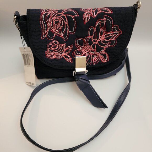 Vera Bradley Carson RFID Mini Crossbody fabric Classic Navy Floral embroidered - Picture 1 of 4